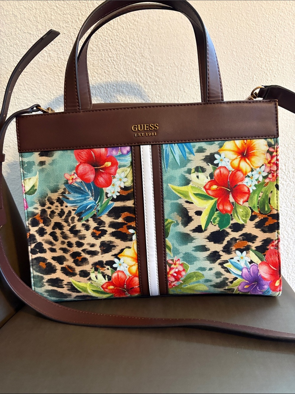 GUESS Floral & Leopard Print Shoulder Bag with Brown Trim